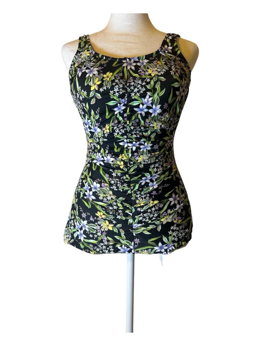 Swim Solutions Black Floral One-Piece with Green & Lavender Accents.